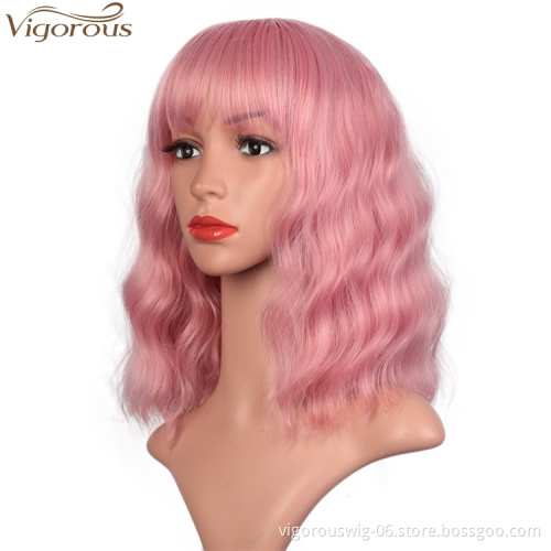 Vigorous Synthetic Short Cosplay Wigs for Black Women 14 Inches Wavy Pink Color With Flat Bangs Heat Resistant Fiber Hair